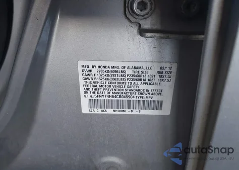 2012 Honda Pilot Ex-L z USA, uszkodzony, nr VIN 5FNYF4H64CB045904